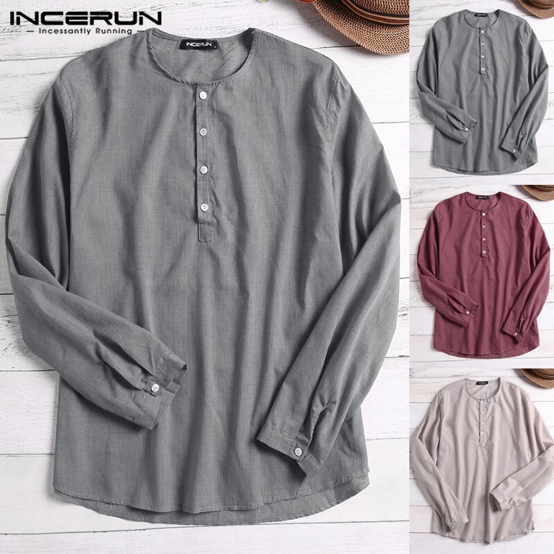 5XL hommes lin coton chemises à manches longues bouton col rond solide en vrac automne robe chemises classique mâle vêtements