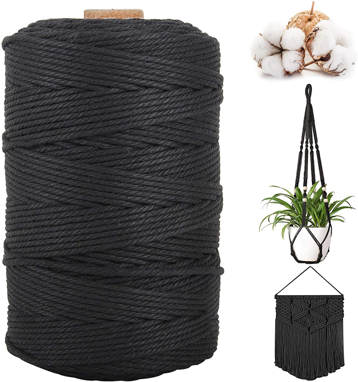 Macrame Koord 3Mm 200M Katoenen Touw 100% Natuurlijk Katoen Macrame Touw, katoenen Koord Macrame Voor Muur Opknoping Boho Decor: Black