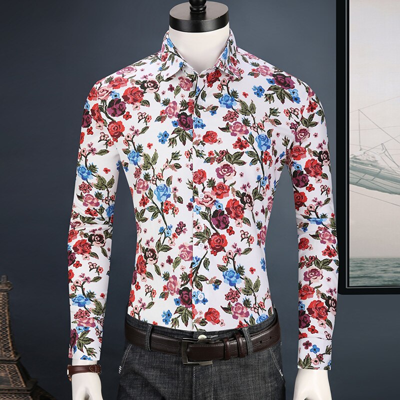 Männer Blumen Druck Shirt lässig Langarm Gedruckt Blume Hemden Kleid schlank passen