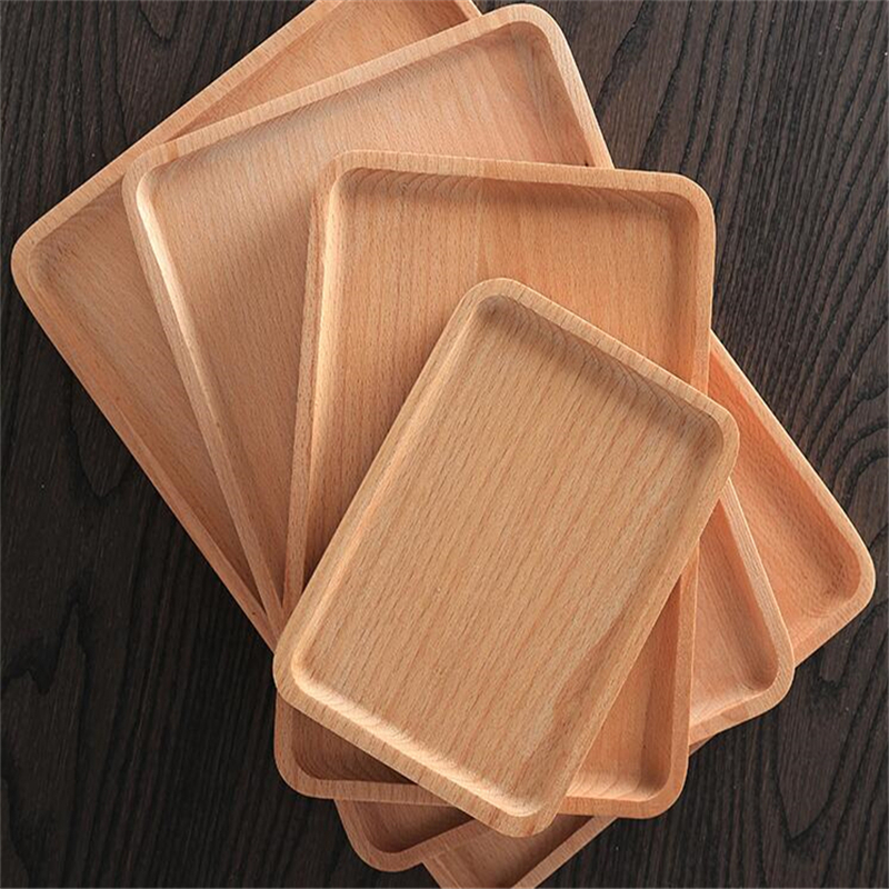 1pc Round Rectangular Wooden Tray Breakfast Food Dinner Dessert Tea Tray Wood Tray Family Kitchen Accessories Organizer