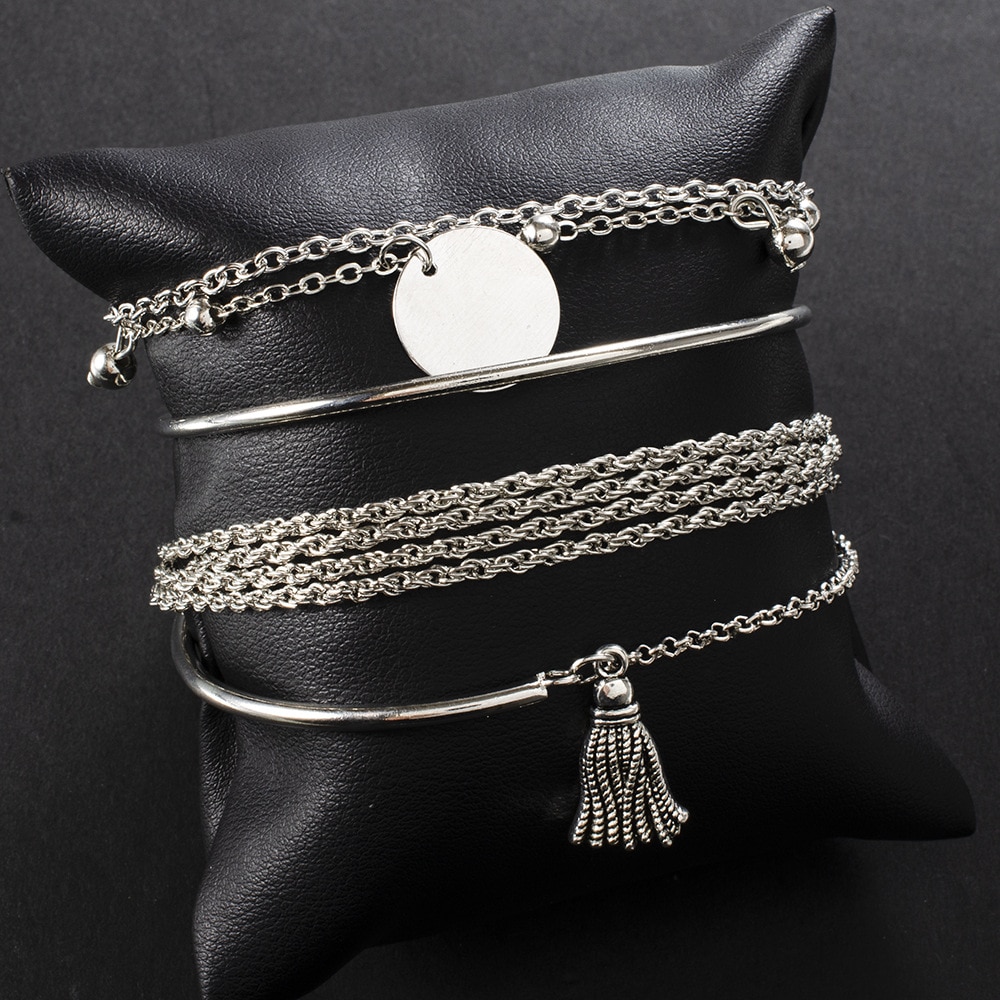 Minimalist Bracelet 4-Piece Silver Color Smooth Tassel Bracelet Cool Multi-Layer Chain round Plate Bracelet for Women