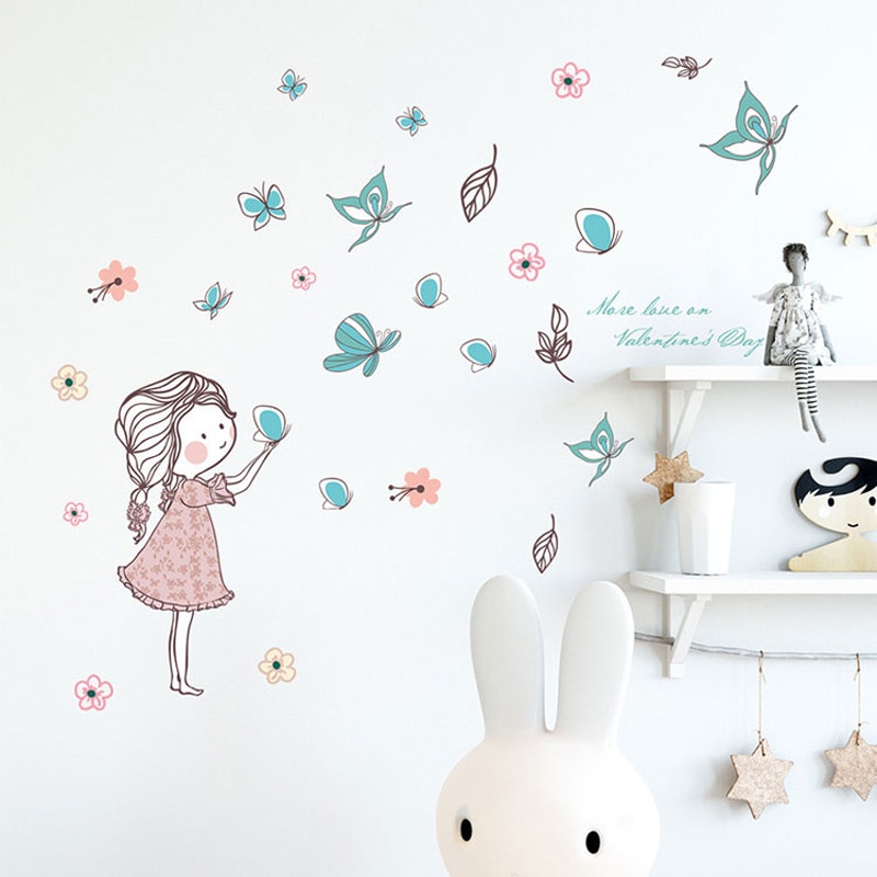 Flying Butterfly Girl Wall Stickers Bedroom Girls Room Home Decoration Art Mural Cartoon Stickers Children's Room Wallpaper