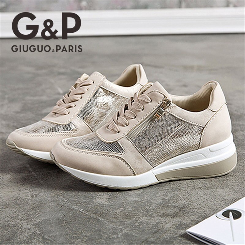Casual wedge sneakers dame sportsmærke sko åndbare letvægts glitter sneakers med snøre: Beige / 37