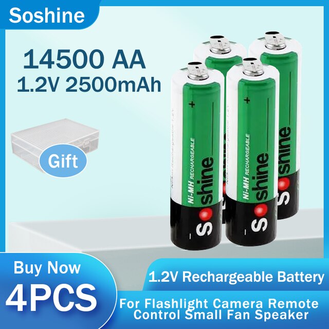 4pcs Soshine 14500 AA 1.2V 2500mAh NiMH Rechargeable Battery With Tab Spot Welding For Flashlight Doorbells Mouse Camera Cells: Default Title