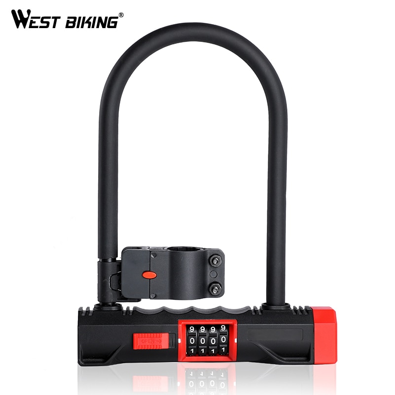 WEST BIKING Password Code Bicycle U Lock Anti-theft MTB Road Bike Motorcycle Bike U Lock Steel Safety Heavy Duty Bicycle U-Locks