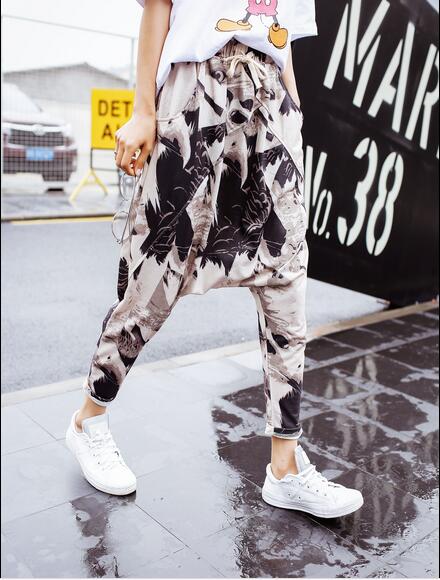 Thin print tobillo longitud pantalones harem hombres bombachos grandes verano casual hiphop pantalones bombachos holgados: M