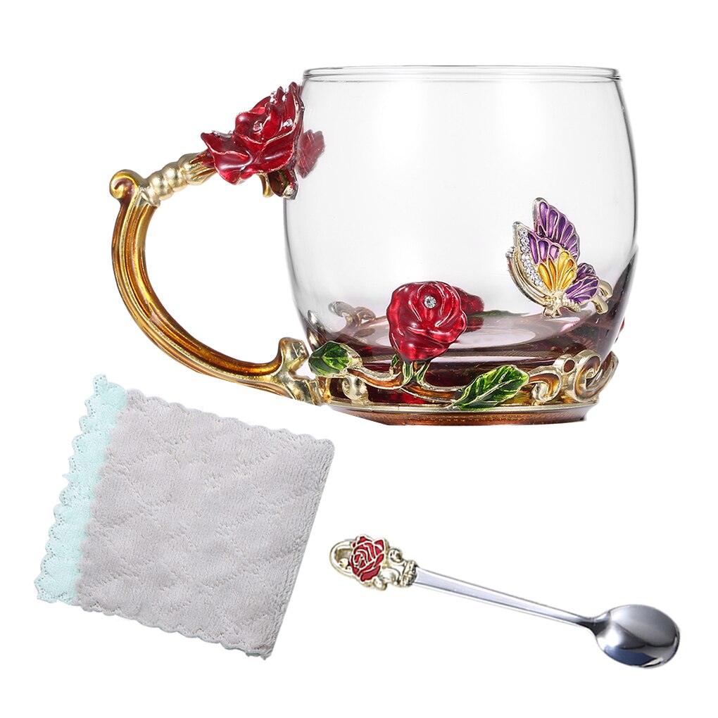 FenKicyen Enamel Glass Cup Red Blue Rose Flower Coffee Cup Wine Cocktail Glasses Tea Mug With Spoon For Lover 320-350ml 1pc