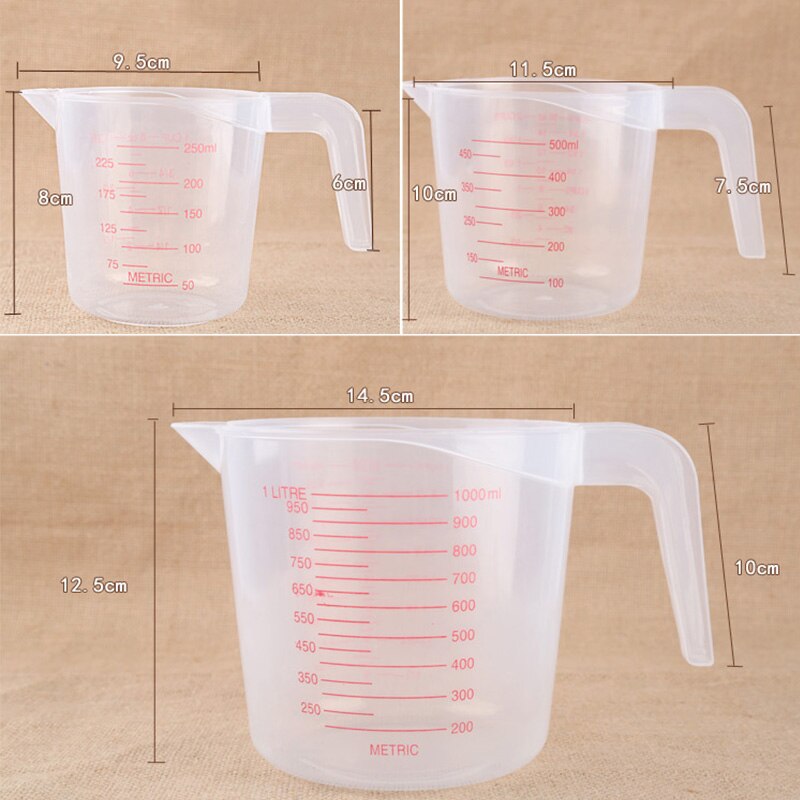 Plastic Measuring Cup 250/500/1000ml Clear Scale Show Transparent Mug +Handle Pour Spout 3sizes Measuring Device