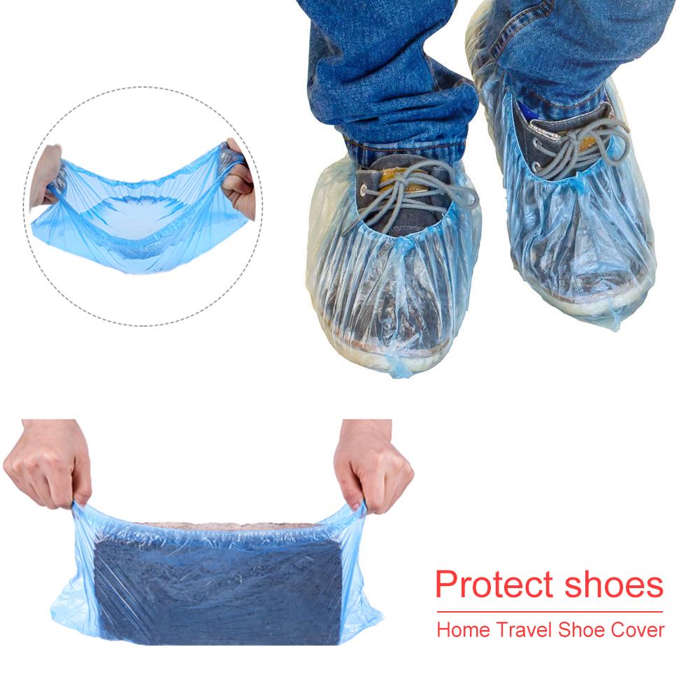 100 stk / pakke oversko plastik vandtæt engangs skoovertræk blå / lyserød mudderbestandig regnsko støvleovertræk sko forsyninger