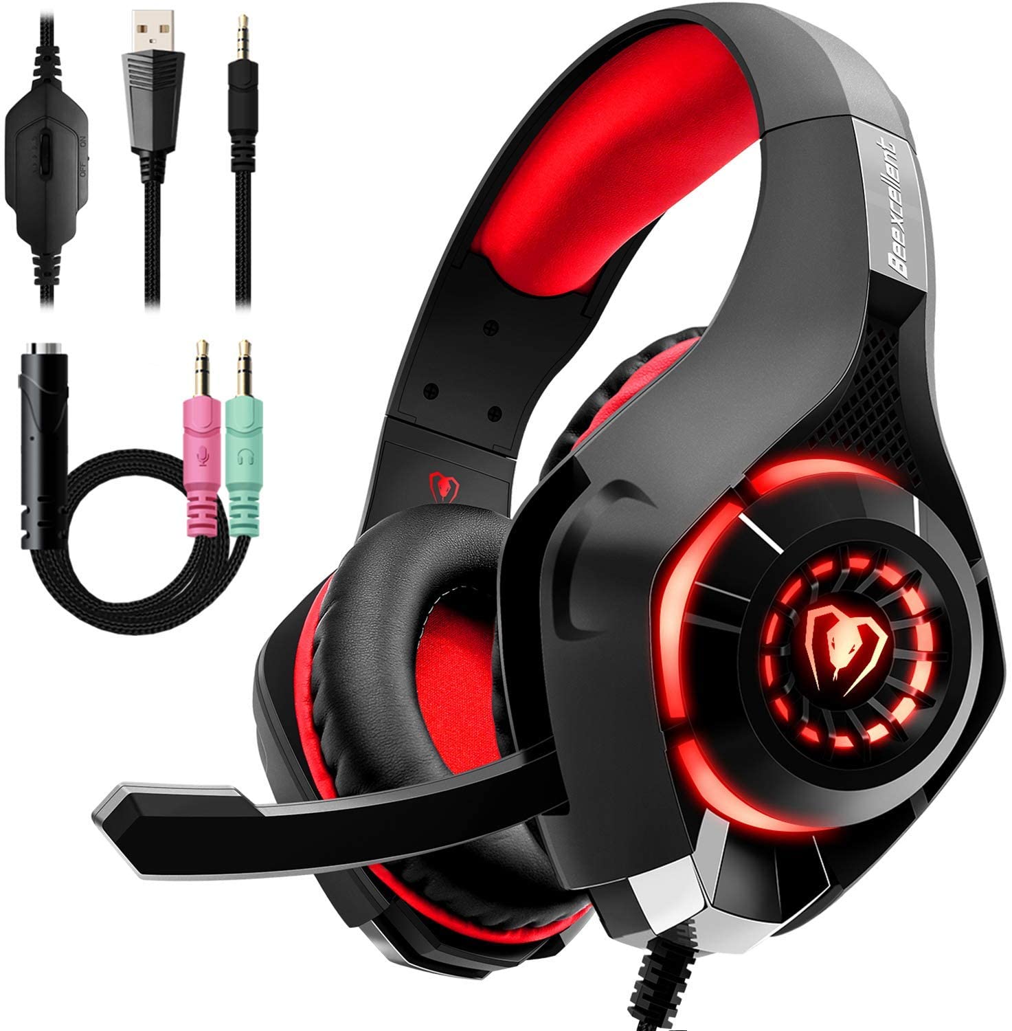 Gaming Headset with Noise Canceling mic, PS4 Xbox One Headset , Memory Foam Earpad for PC, Mac, Laptop, Mobile: Red GM-1 earphone