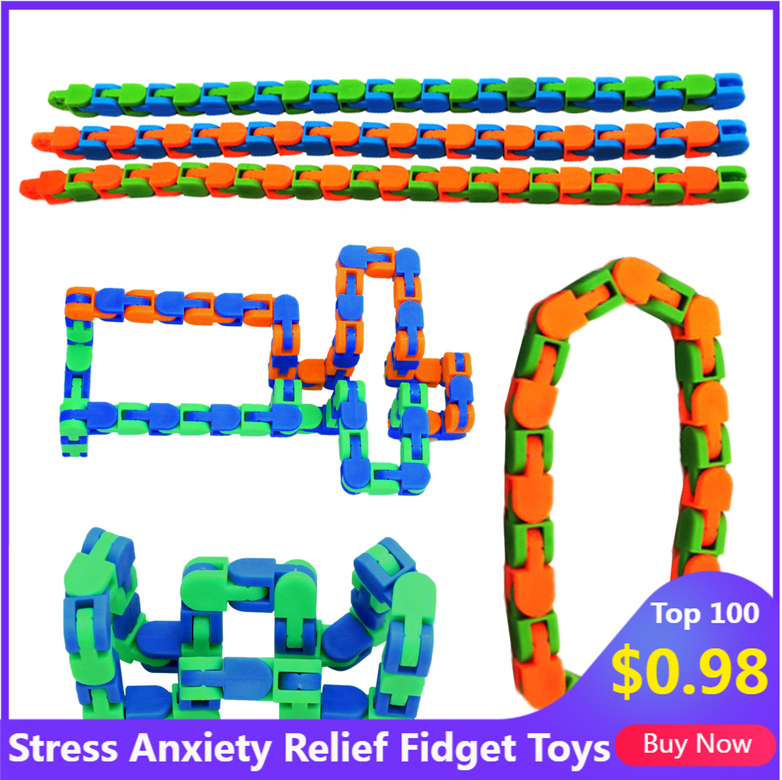 24 Links Wacky Tracks Snap and Click Fidget Toys Bike Chain Spinner Bracelet Snake Puzzle Anti Stress Toys for Kids Adults
