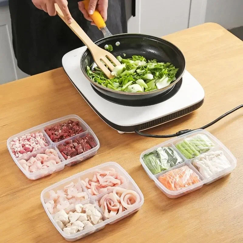 4 Gitter Lebensmittel-Aufbewahrungsbox, tragbares Fach, Kühlschrank, Gefrierschrank, Organizer, unterverpackt, Fleisch, Zwiebeln, Ingwer, transparentes Küchenwerkzeug, 1 Stück