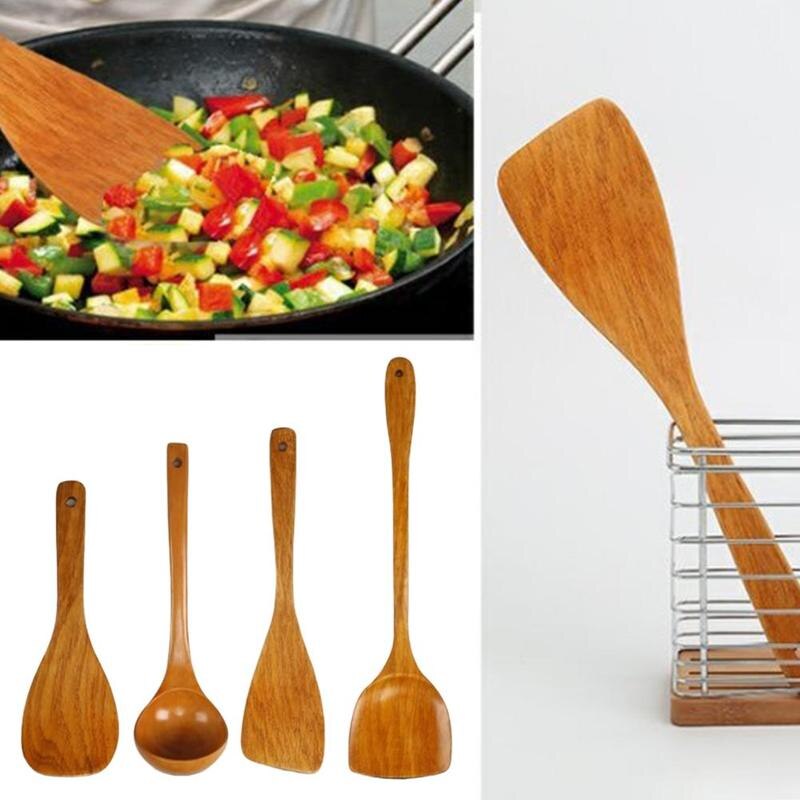 Juego de espátulas para cocina, pala, comedor, 4 Uds., utensilios de cocina, palillo para colgar, mango de madera, sin sopa suave N6Q2