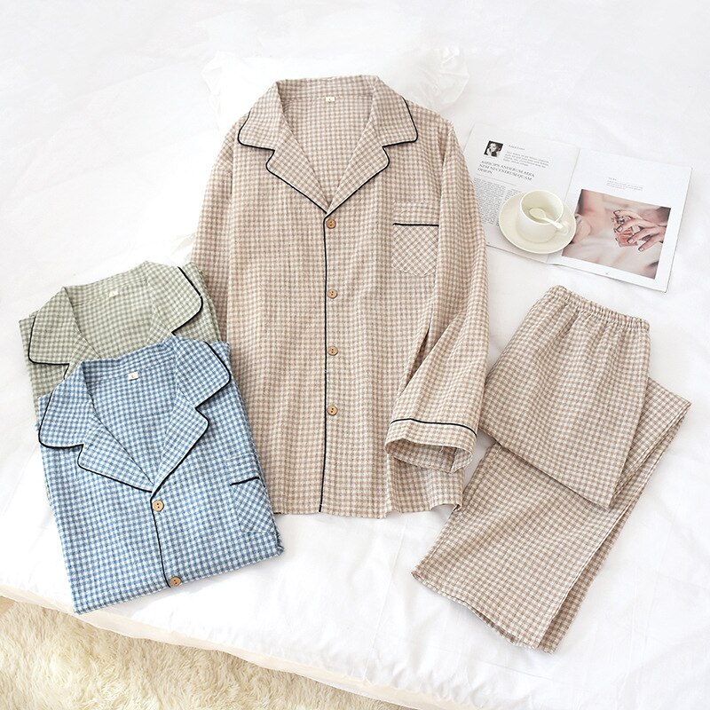 Nowa bawełniana i lniana męska pled koszula nocna z długim rękawem skręcić w dół kołnierz grzywny dorywczo mężczyzn bielizna nocna ekologiczny materiał zestaw piżamy