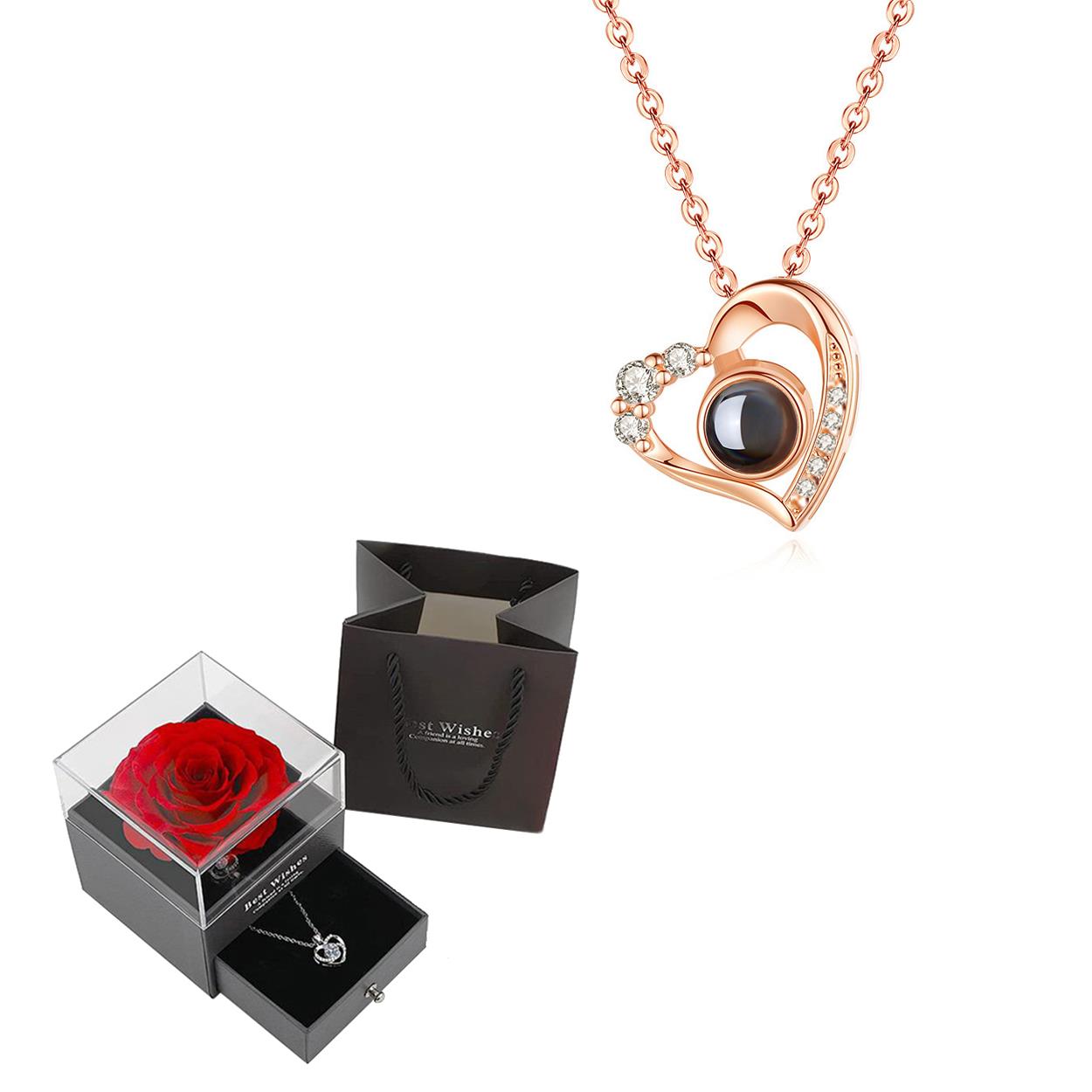 Conjunto de colar de projeção com caixa de presente rosa 100 idiomas eu te amo coração pingente jóias 2024 para presentes namorada dropshipping: COR DE OURO ROSA