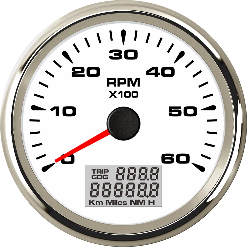 Digital 85mm båt varvräknare moto lcd timmätare 6000 varv / min mätare varvräknare för motorcykel marin bil varvräknare 9-32v varv / minut sensor: Vitt silver -6k rpm