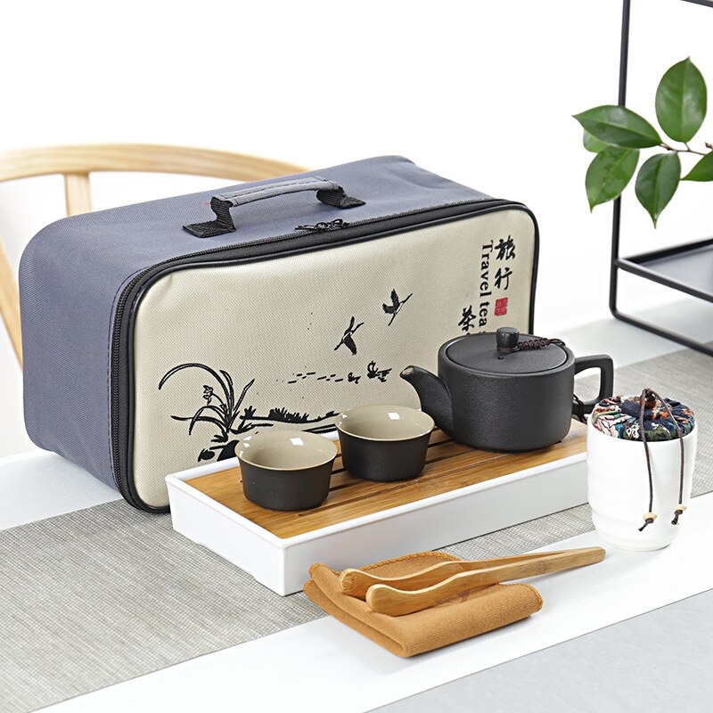 Chinese traditional black pottery traveling tea utensils high-end travel portable hotel tea set tea pot storage tea tray: Dull