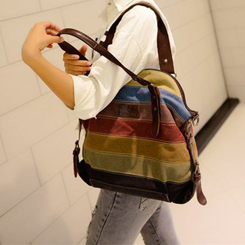 Canvas Totes Striped Womens Handbag Patchwork Rainbow Shoulder Bag Female Casual Crossbody Bag Sac a Main