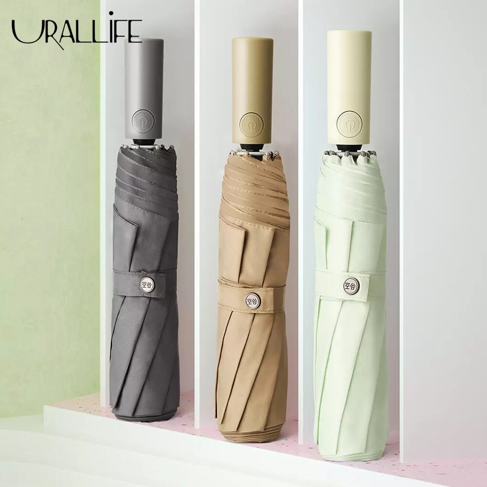 Tri-fold automatisk paraply solrig regnfuld aluminium vindtæt uv reflekterende paraply til mandlige kvindelige sommer vinter