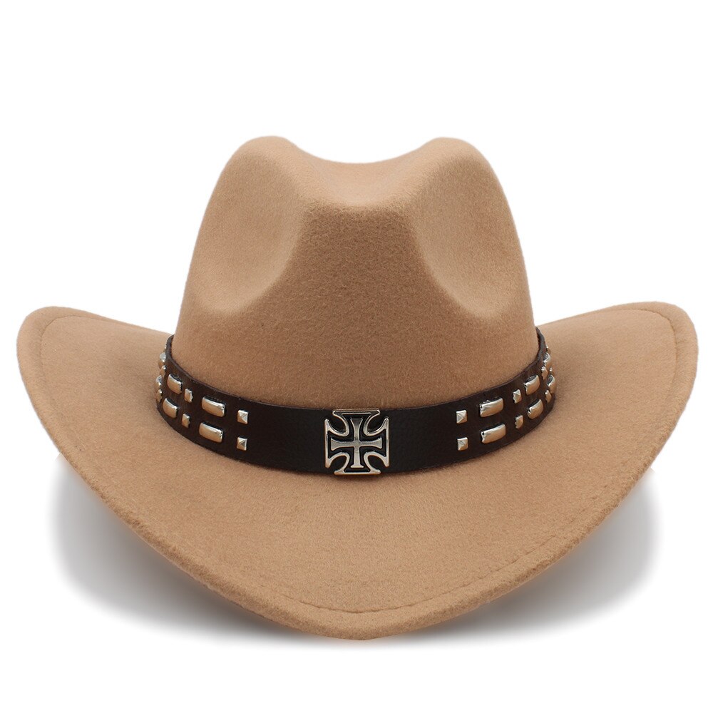 Kvinder uld western cowboy hat med roll-up brim kirke dame jazz hestesport sombrero hombre steampunk cap størrelse 56-58cm: Khaki