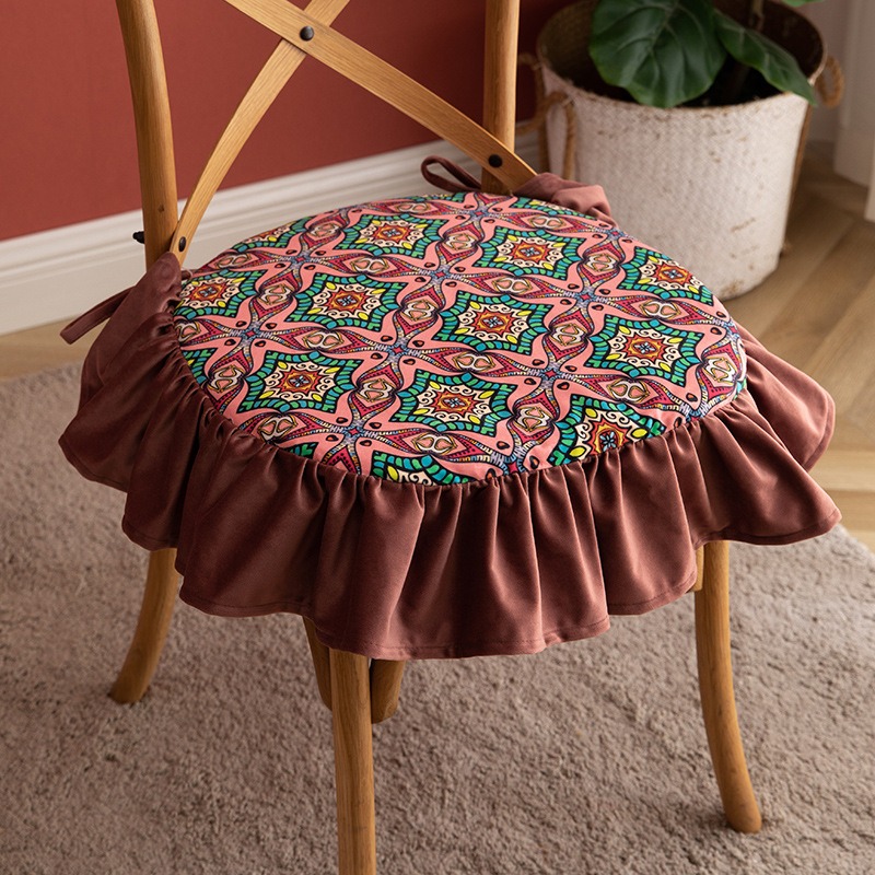 Cojín de asiento impreso para silla de comedor, cojín para silla de comedor para el hogar, correa extraíble y lavable, cojín para silla con borde de volantes retro: Linen