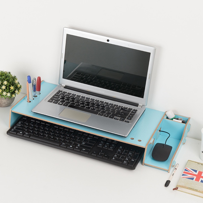 Wood Assembly Laptop Desk Table Monitor Riser DIY Office Storage Shelf Computer Screen Stands Keyboard Organizer Laptop Holder: Light Blue