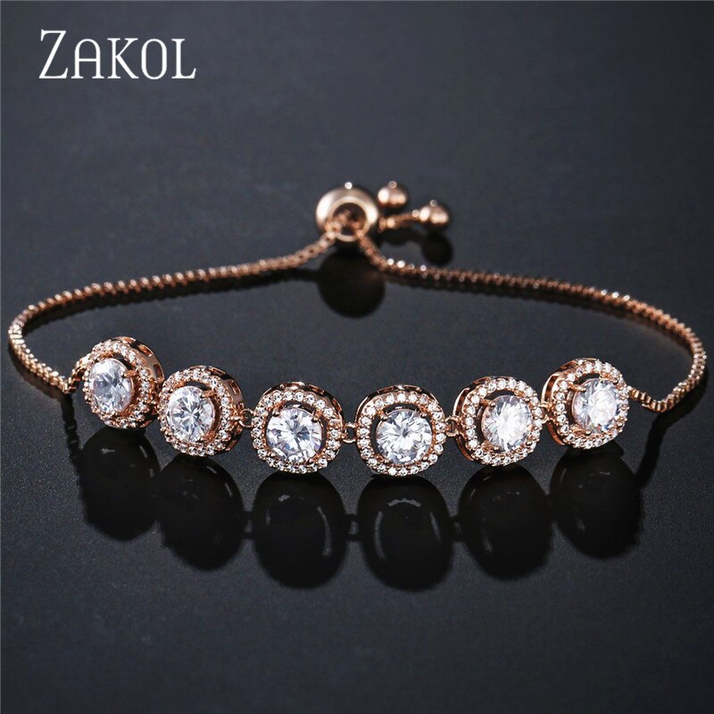 ZAKOL pulsera de eslabones de cadena ajustable de Zirconia cúbica redonda a la con brazaletes de cristal para mujeres bisutería India FSBP2067