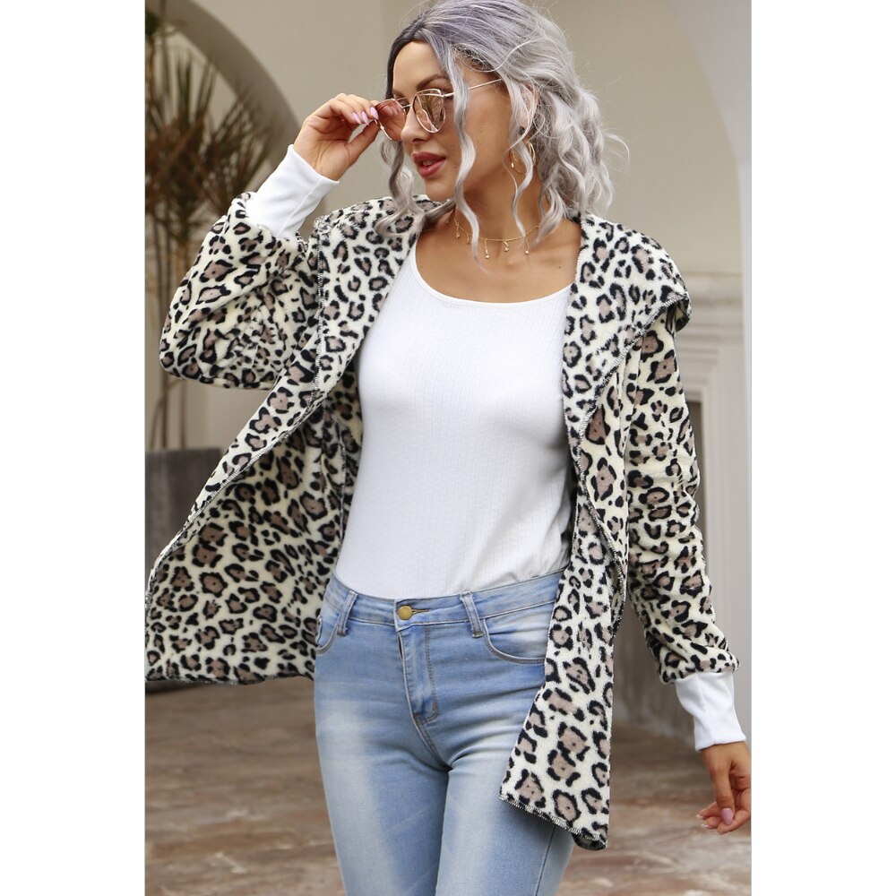 Leopard Print Hooded Cardigan Tops For Women Woolen Long Cardigan Women Open Stitch Tops
