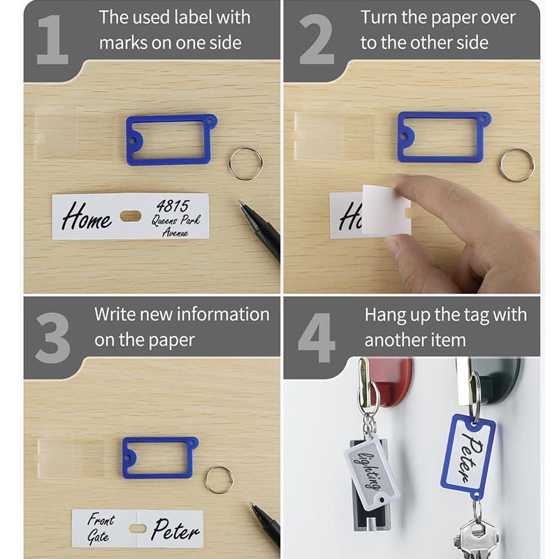 10-50 Uds etiquetas para llaves 4,3x2,5 cm etiquetas para llavero de plástico con etiquetas de papel en blanco cubiertas transparentes y anillos divididos para llaveros DIY