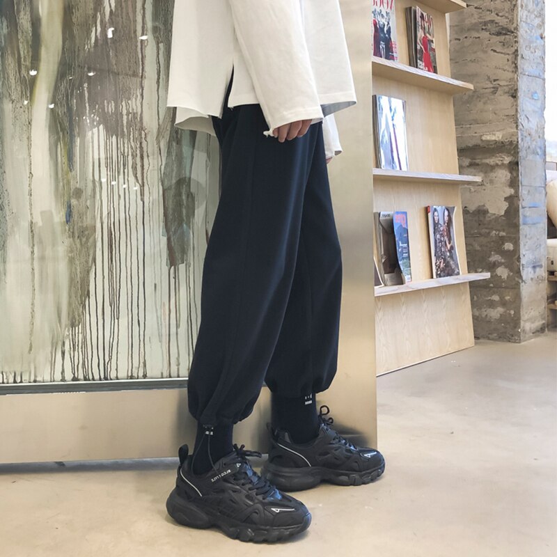Bukser mænd solid sommer smarte joggingbukser herre harajuku justerbar bundle fritid koreansk stil all-match hip-hop 3xl løse teenagere bf: Xxl / Sort