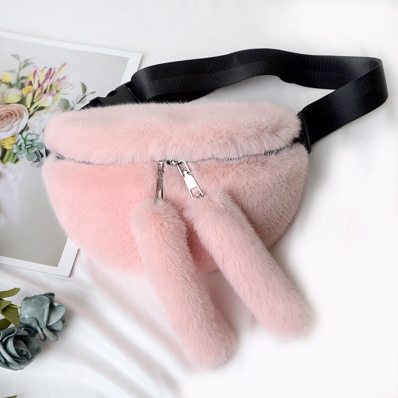 Women Travel Faux Fur Bag Belt Waist Bag Girls Handbags Women Casual Lapel Shoulder Bag Tote Bag: Pink