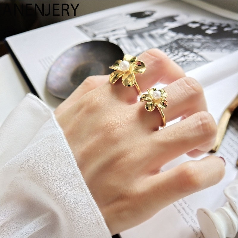 ANENJERY Dainty Jewelry Gold Color Flower Pearl Opening Ring For Women Party Jewelry S-R804
