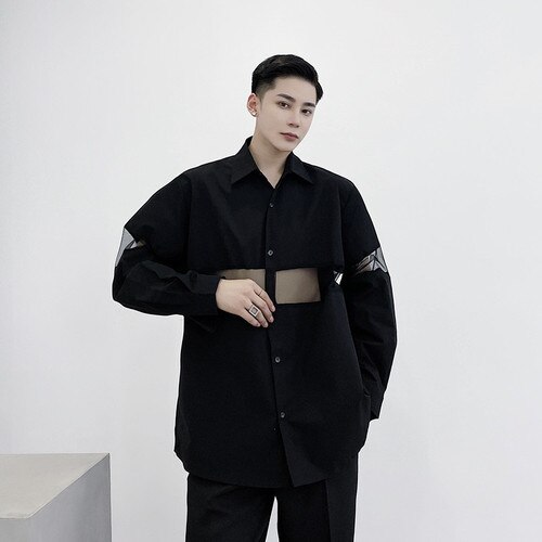 Camisa de manga larga informal con empalme de malla transparente para hombre y mujer, ropa de calle de Japón, camisa de negra y blanca para parejas, ropa para escenario: 637 black / M