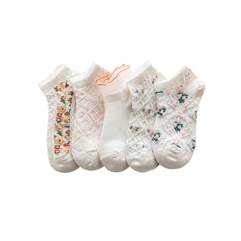 5 Pairs Lot Women Cute Flower Ankle Socks Set Spri... – Grandado
