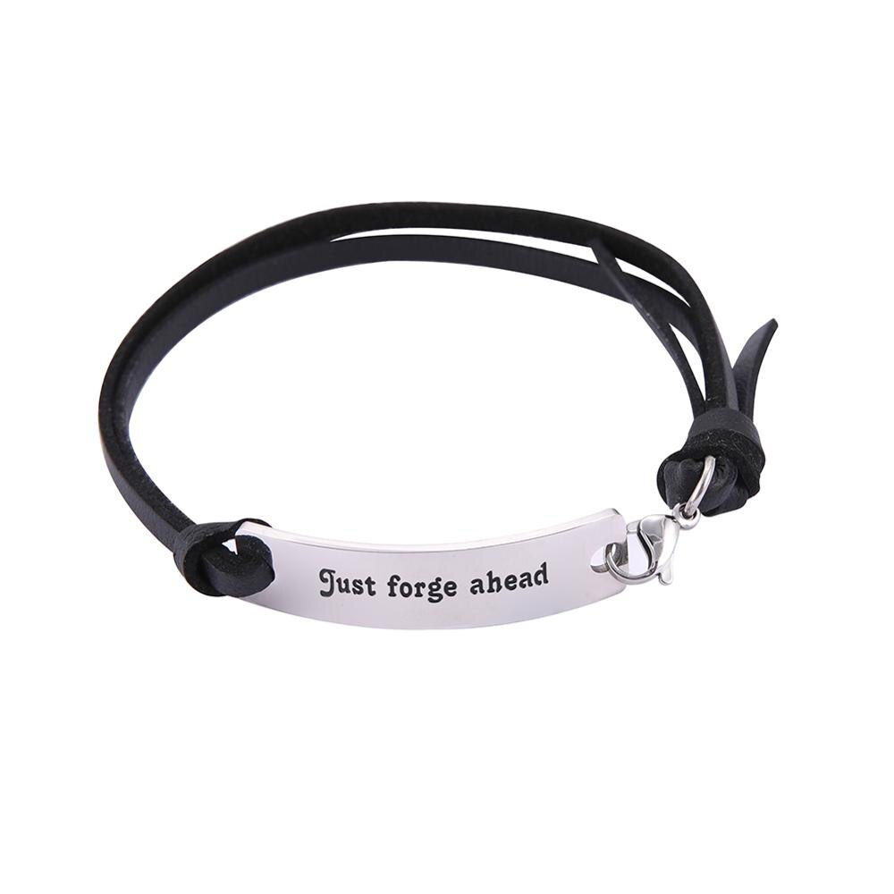 Skyrim-pulsera clásica de cuero Mantra para hombre, brazalete de acero inoxidable con palabras, , te quiero a la luna y la espalda: Just forge ahead / Dark brown