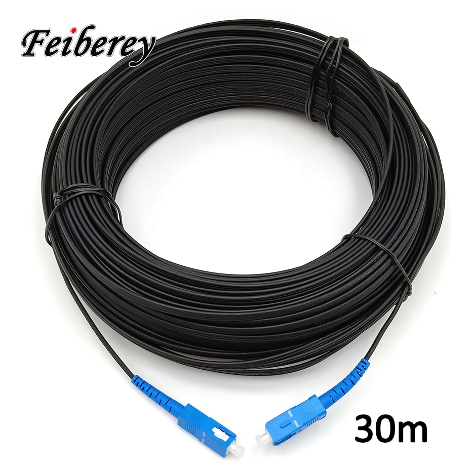 Cable de conexión de fibra óptica de 30m SC a SC, puente de exterior SM Simplex G657A, Cable de caída de fibra única de 3 cables de acero SC/UPC para FTTH