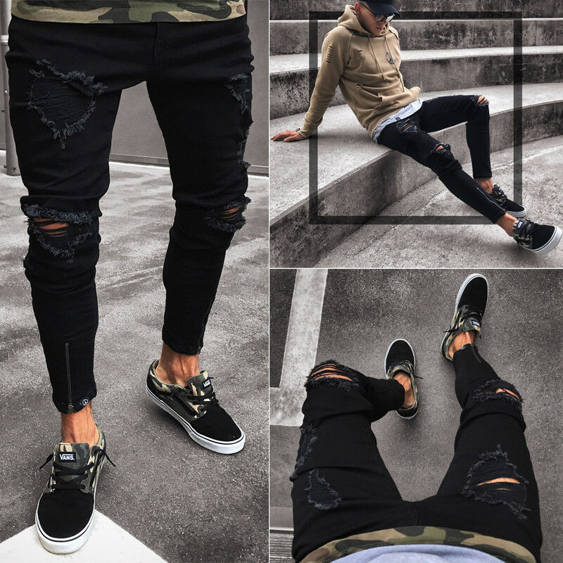 Imcute Mens Cool Zwarte Jeans Skinny Ripped Vernietigd Stretch Slim Fit Hop Hop Broek Met Gaten Voor mannen