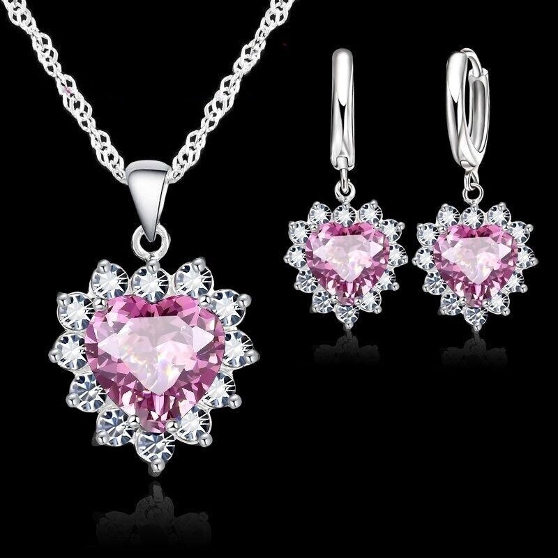 Conjunto de joyería de plata de ley 925 para mujer, colgante de corazón de piedra CZ, collar, pendientes, de cumpleaños: F