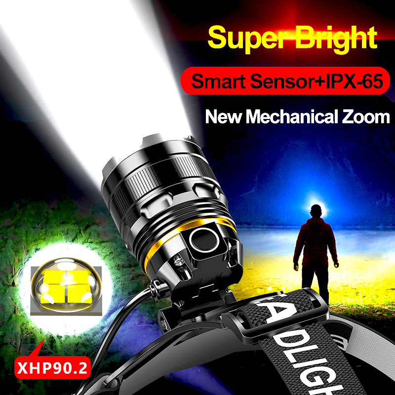 1000000 LM LED faro Sensor XHP90.2 uso de faro 2*18650 batería linterna USB recargable lámpara de cabeza linterna