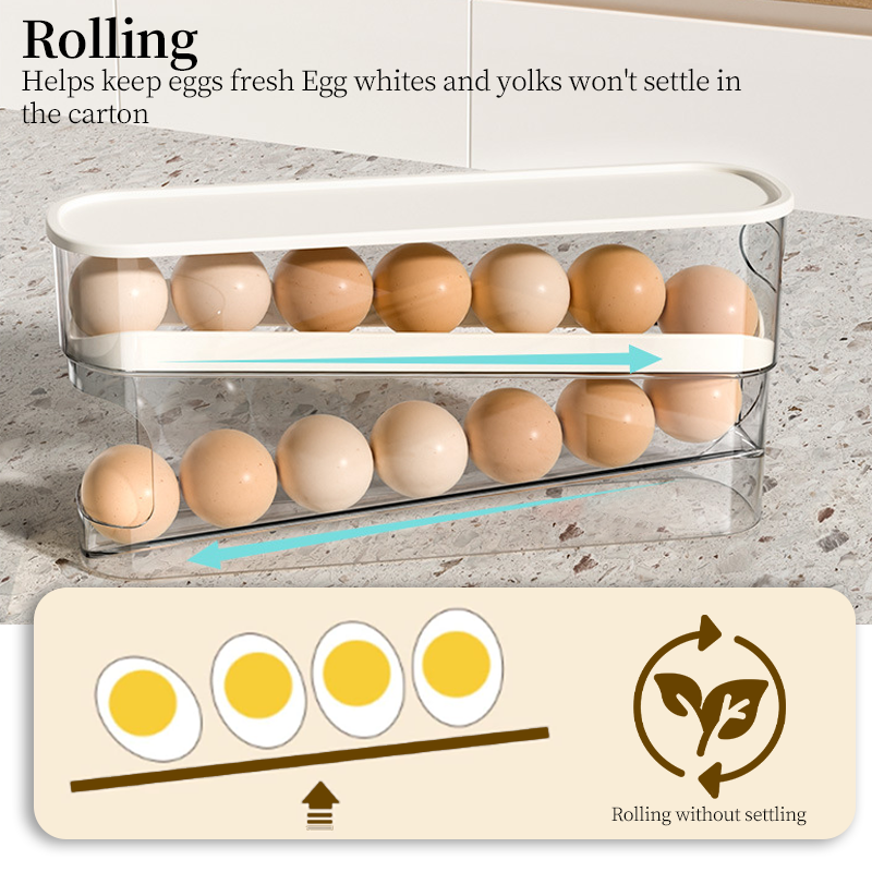 Estante para huevos de desplazamiento automático, soporte para huevos de cocina, caja de almacenamiento, cesta para huevos, contenedor, organizador, dispensador de huevos para refrigerador enrollable