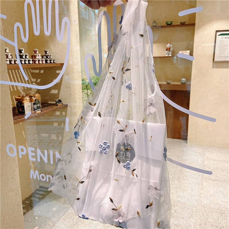 Hylhexyr Female Flower Embroidery Hand Bag Organza Casual Tote Mesh Shopping Bags Woman Handbags