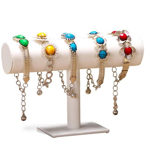 Portable Velvet Bracelet Bangle Necklace Jewelry Display Stand Holder Watch Jewelry Organizer T-Bar Rack: One white leather