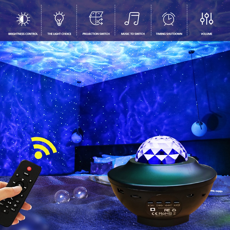 LED Star Galaxy Projector Ocean Wave Night Light Room Rotate Starry Sky Speaker Lamp Decoration Music Party Colourful Bedroom