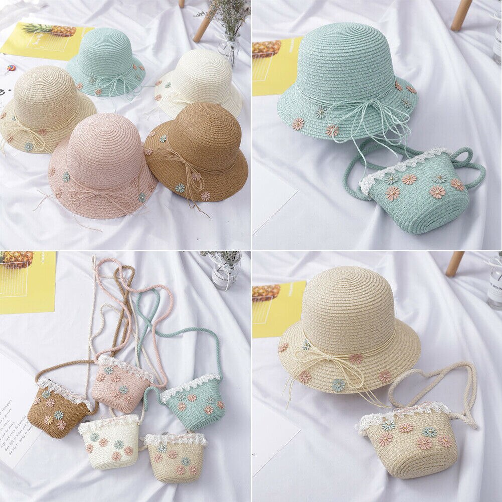 Local stock Baby Kid Beach Bucket Breathable Cap Straw Sun Hat+Shoulder Handbag Straw Bag AU