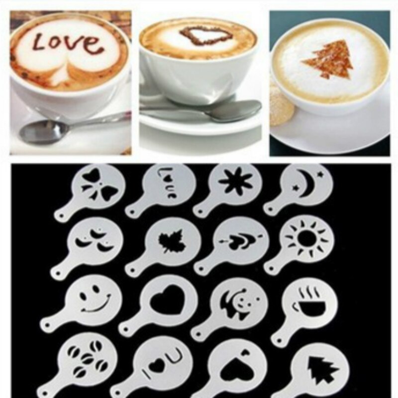 16 Pcs Koffie Tekening Mold Fancy Natie Afdrukken Model Koffie Schuim Spuiten Taart Stencils Poedersuiker Zeef Tool