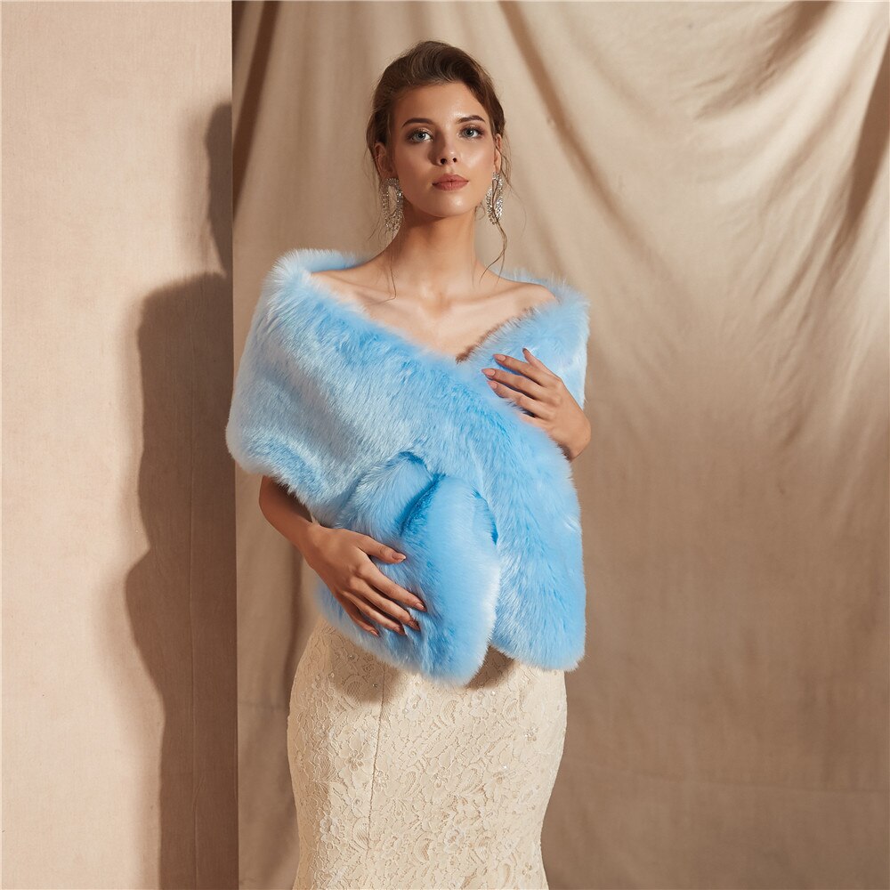 JaneVini bleu Royal hiver fausse Fourrure châle enveloppe de mariée cape femmes boléro Fourrure haussement d'épaules vêtements d'extérieur chauds accessoires de mariage: Photo Color 4