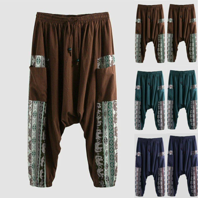 AU Herren Lose Breite Bein Hosen Einfarbig Casual Baggy Atmungsaktive Harem Hosen