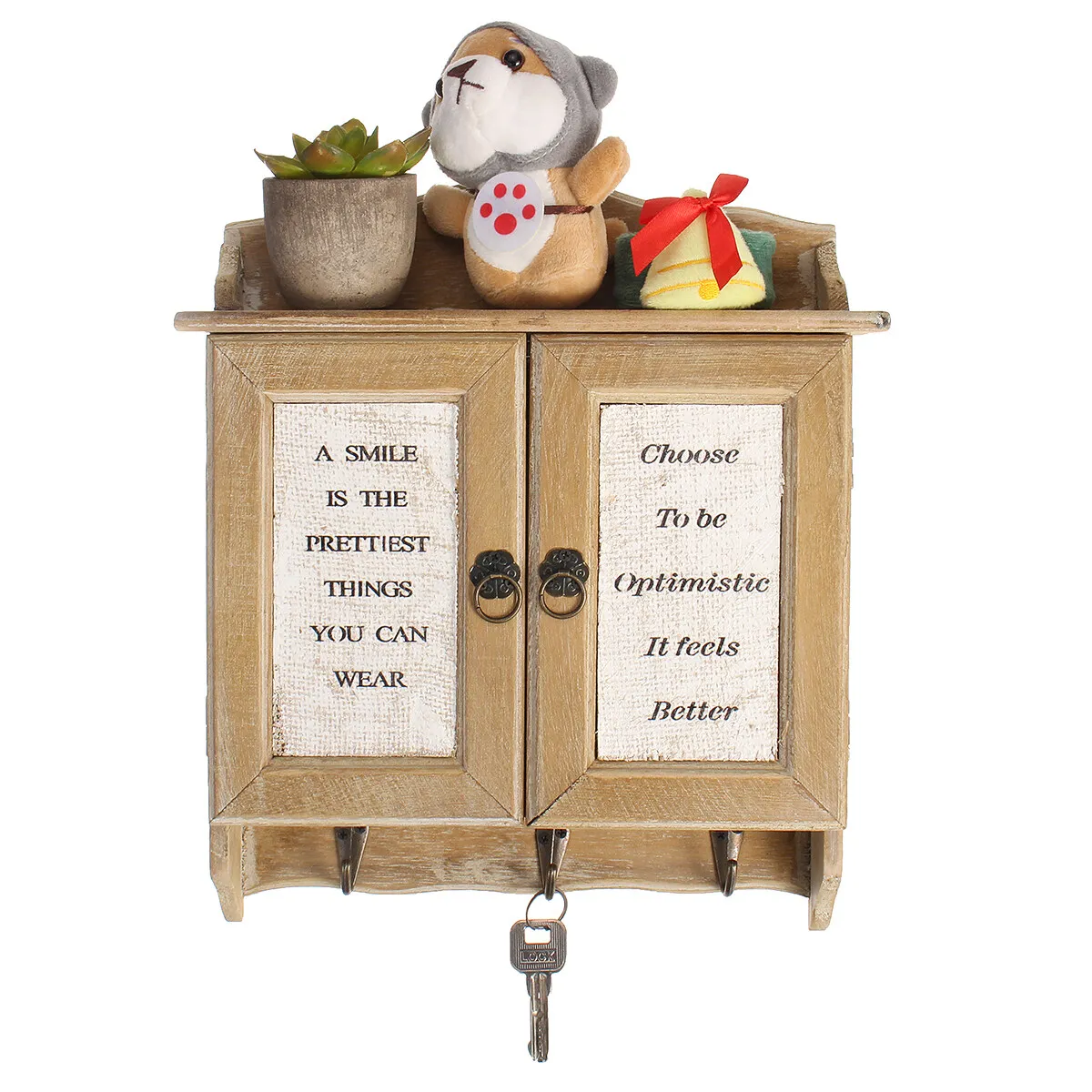 Caja organizadora Retro de madera con puertas dobles, estante organizador con 9 ganchos, soportes montados en la pared para armario, decoración para el hogar y la sala de estar: Caqui oscuro