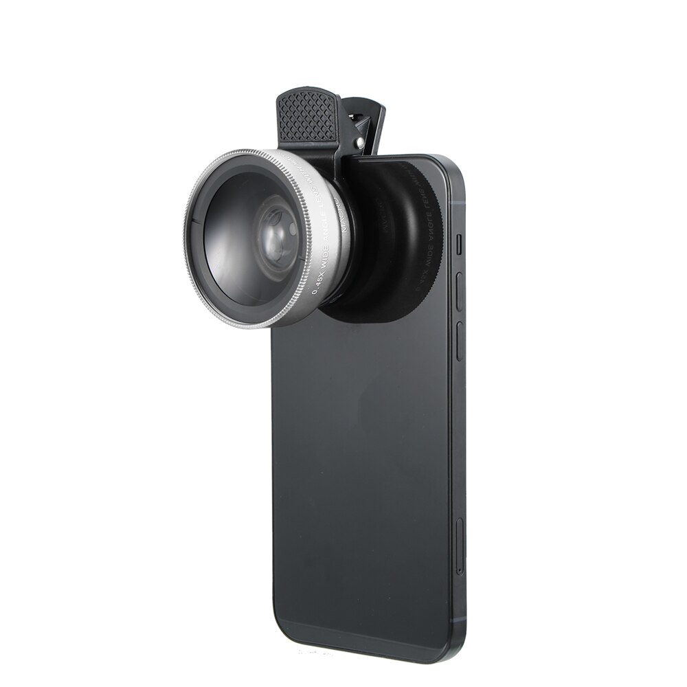 Lente gran angular 2 en 1 0.45X, funda de Teléfono Universal Macro para IPhone 12 11 Pro Max XS XR X 8 7 6 6S Plus SE: silver
