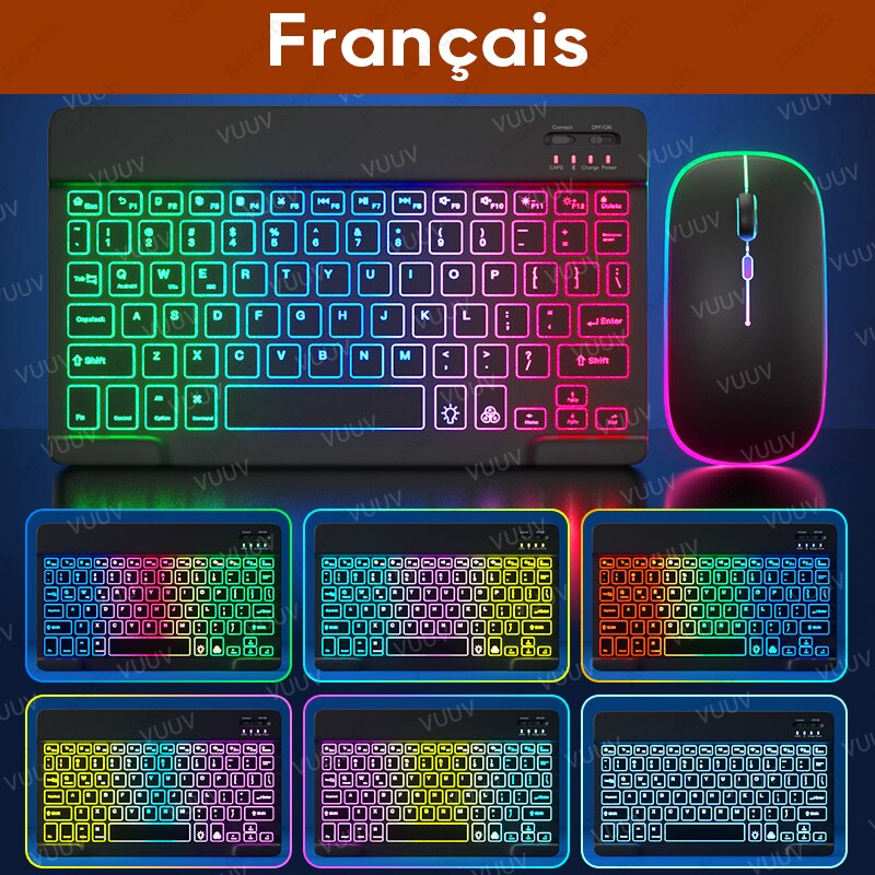 Bluetooth-compatible iPad Keyboard Mouse For iPad Pro 11 12.9 Air 4 7th 8th Rainbow Backlit Wireless Tablet Keyboard For Android: French Black